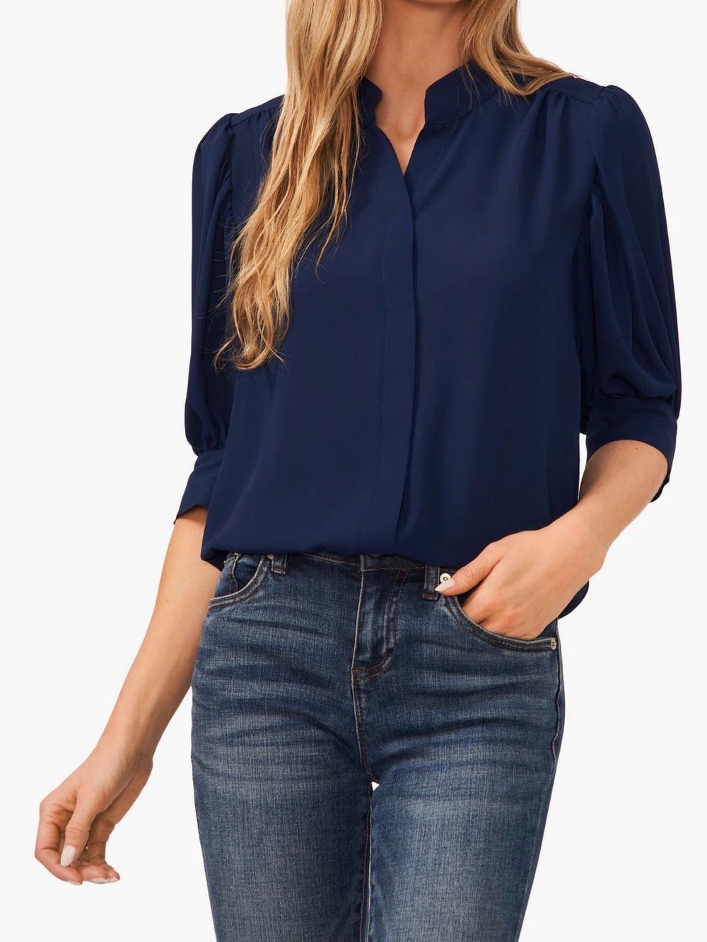 Cecelia Puff Sleeve Button Up Shirt - Navy M
